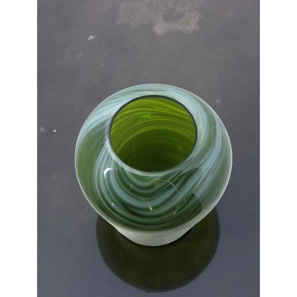 Vintage Heavy Art Glass Hand Blown Green,White,Black Swirl Pattern Vase - Picture 6 of 13